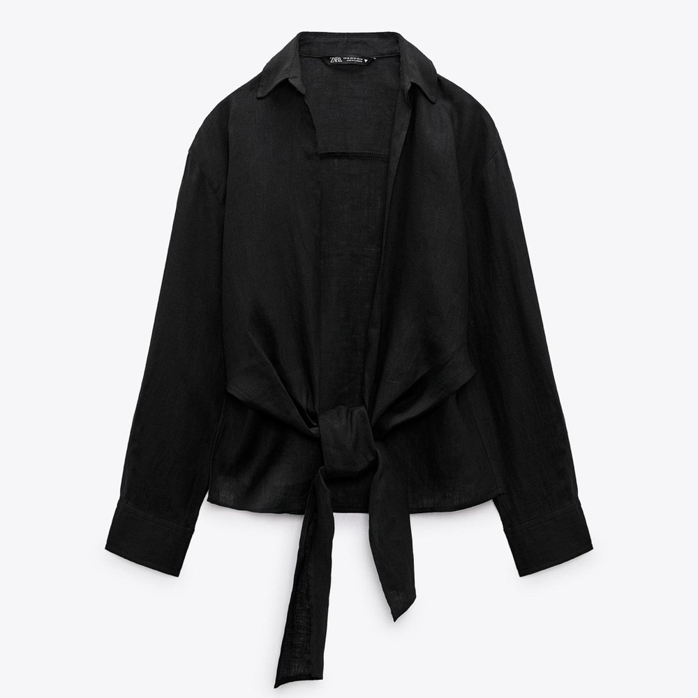 Zara LINEN Black Tie-Front Shirt SIZE S